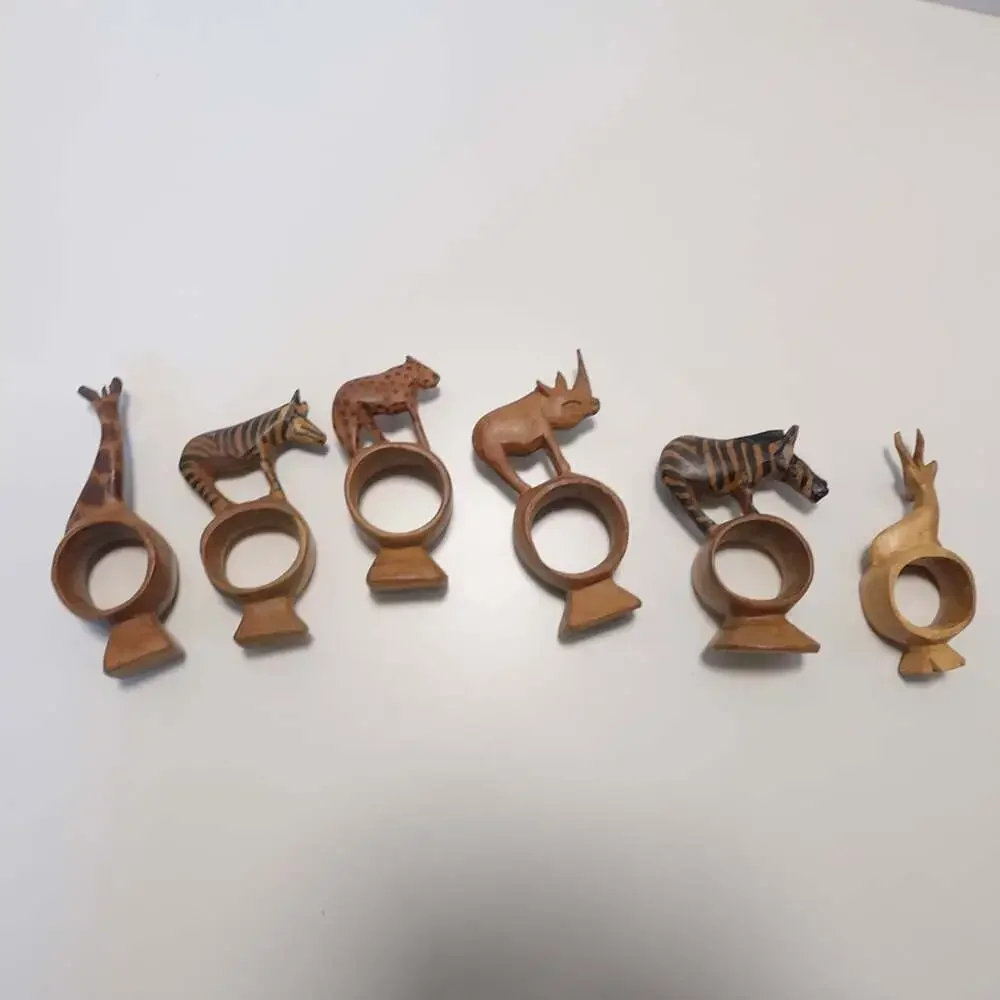 Vintage Hand Carved African Safari Animal Wooden Napkin Rings Set of 6